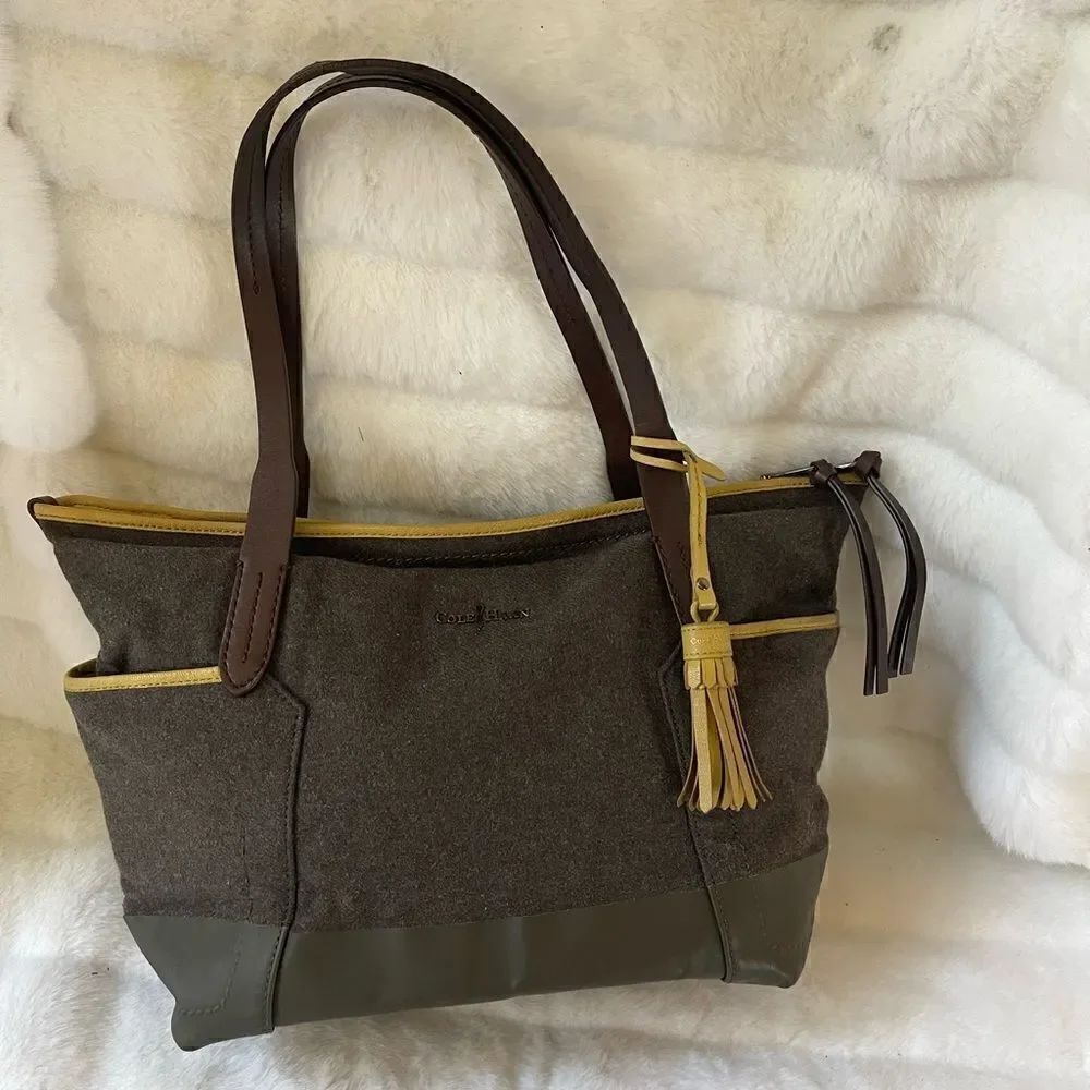 Cole Haan Fabric shoulder bag ,leather brown straps ,yellow& olive green trims